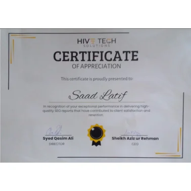 Muhammad Saad got Got Appreciation Letter From HiVetech Sol LLC